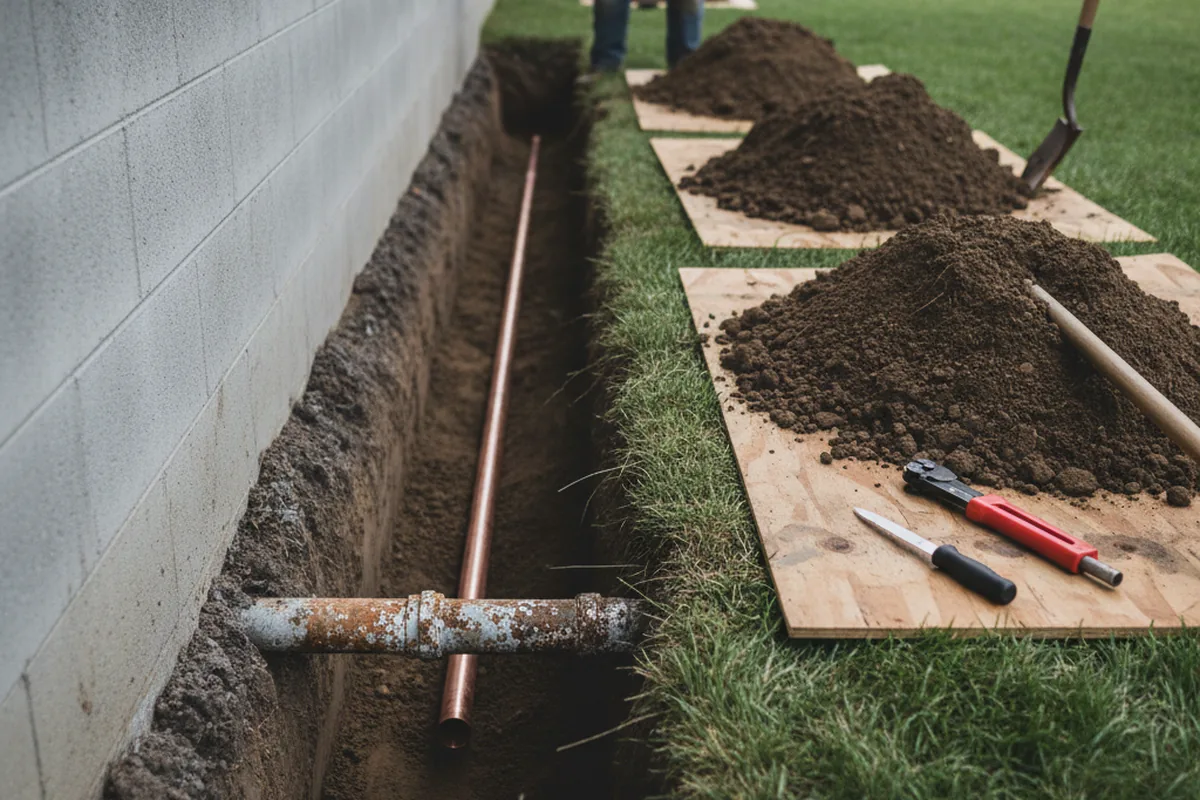 Excavated water line trench during Water Softener Installation in Boyers